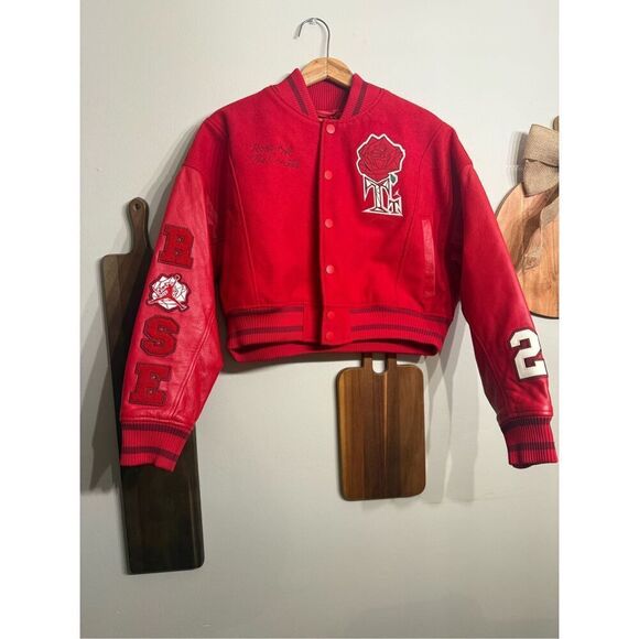 Jordan x Teyana Taylor Red Rose Leather Trim Long Sleeve Cropped Jacket Small - Picture 3 of 7